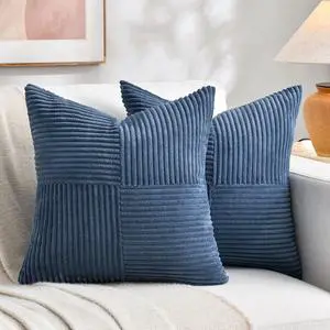 2 Packs Dusty Blue Decorative Throw Pillow Covers 20x20 Inch for Living Room Couch Bed Sofa Rustic Farmhouse Boho Home Decor Soft Corss Corduroy Patchwork Accent Cushion Case 50x50 cm