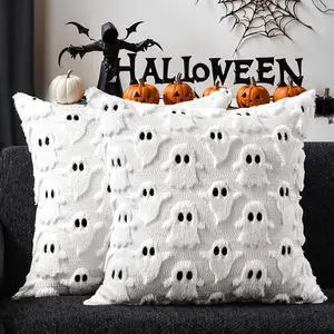 Halloween Pillow Covers 20x20 inch Set of 2 White Ghost Throw Pillow Cases Soft Plush Faux Fur Wool Couch Cushion Case for Chair Sofa Bedroom Living Room Home Decor PTK03A20