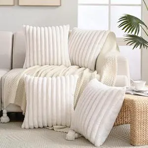 Set of 4 Faux Fur Plush Decorative Throw Pillow Covers 20x20 Inch Luxury Striped Cushion Cases Soft Fluffy Accent Pillowcases for Sofa Couch and Bed Cream White