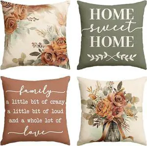 Home Sweet Home Terracotta Sage Throw Pillow Covers 18 x 18 Inch Seasonal Fall Eucalyptus Floral Motto Cushion Case for Sofa Couch Set of 4