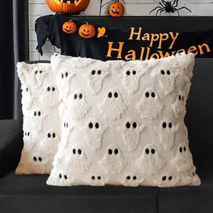Halloween Ghost Decorative Pillow Covers 20x20 Set of 2 Beige Soft Plush Faux Fur Farmhouse Throw Cushion Cases for Fall Autumn Holiday Home Decorations
