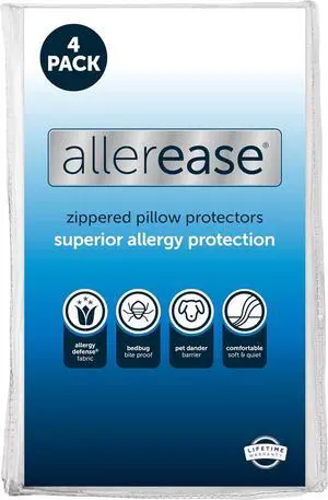 Set of 4 Standard/Queen AllerEase Pillow Protectors - Moisture Wicking Advanced Allergy Protection - Premium Polyester Zippered Protectors
