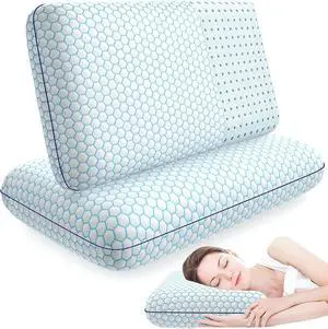 Memory Foam Pillows for Side Back and Stomach Sleepers Set of 2 Bed Pillow with Washable Cover and Breathable Mesh Bed Pillow for Sleeping (BlueStandard Size)