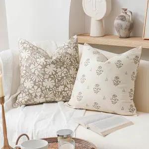 Taupe Farmhosue Decorative Throw Pillow Cover 20x20 Set of 2 Floral Neutral Cotton Accent Throw Pillow for Couch Sofa Living Room Cover ONLY