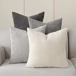 Set of 4 Neutral Grey Corduroy Decorative Couch Throw Pillow Covers 18x18 Inch Western Modern Farmhouse Striped Cushion Cases Soft Boho Square Accent Pillow Covers for Home Sofa