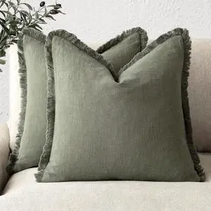 Set of 2 Decorative Linen Fringe Throw Pillow Covers Cozy Farmhouse Boho Cushion Cover with Tassels Soft Accent Pillowcase for Couch Sofa Bed Living Room Home Decor 20×20 Inch Olive Green