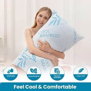 Queen Size 2 Pack Rayon Made from Bamboo Pillows for Sleeping Cooling Shredded Memory Foam Adjustable Bed Pillow with Removable/Washable Cover (Queen 2 Pack)