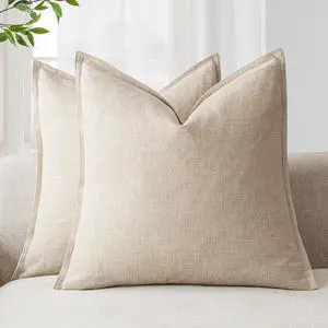 Pack of 2 Decorative Linen Soild Throw Pillow Covers Soft Accent Cushion Case Boho Farmhouse Neutral Pillowcase for Couch Sofa Bedroom Living Room Home Decor 26 x 26 Inch Natural Beige