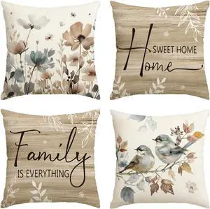 Chinoiserie Poppy Flowers Chickadee Spring Home Sweet Home Throw Pillow Covers 18 x 18 Inch Fall Autumn Family is Everything Decorations for Sofa Couch Set of 4