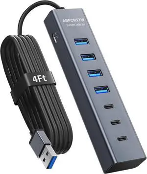 4Ft 7-Port USB Hub 3.0 for Desktop 4 USB-A & 3 USB-C Ports Aluminium 5Gbps USB Extender Hub USB Splitter USB Hub Long Cable for Desktop PC Flash Drive Mobile HDD SSD Windows/XPS