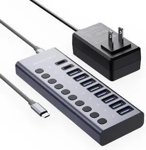 10 Ports 60W USB C 3.2 Hub 10Gpbs Data Transfer 20V/3A Power Adapter Individual On/Off Switches Aluminum Housing USB Splitter for PC Computer Laptop Mobile HDD Flash Drive