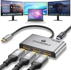 USB C to 3 HDMI Adapter with 100W PD Charging Triple 4K60Hz Monitor Extender for /Surface Pro/HP HDMI Splitter Extended Display Hub Plug & Play Laptop Multi-Screen Adapter
