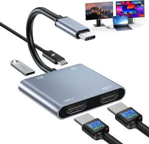 USB C to Dual HDMI Adapter 4K@60Hz Type C Hdmi Splitter for Dual Monitors with USB 3.0 100W Fast Charging USB Hub with 2-HDMI Extended Display for MacBook USB-C Laptop for  for