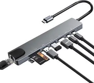 USB C Hub Multiport Adapter 8 in 1 USBC Dongle with 4K HDMI RJ45 Ethernet 100W PD Charging USB 3.0 SD/TF Card Reader USB-C Docking Station for MacBook Pro/Air  HP and Other Type C Devices