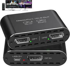 4K120Hz Dual DisplayPort Splitter for 2 Monitors Extended Display Port to Dual DP Splitter 1 in 2 Out Adapter for Laptop Computer PC and Graphics Card