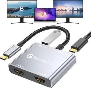 USB C to Dual HDMI Adapter | 4K@60Hz HDMI Splitter Extended Display for Dual Monitors Multi-Monitor Adapter with USB and 100W PD Windows Allows 3 Separate Screens macOS Only Allows Mirror Mode