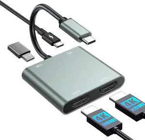 USB C to Dual HDMI Adapter - 4K@30Hz Dual Monitor HDMI Adapter with 100W PD Charging USB3.0 5Gbps & Thunderbolt 3 Compatible for Laptop/Tablet
