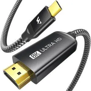 WARRKY USB C to HDMI 2.1 Cable 8K@60Hz 4K@240Hz/120Hz [Gold-Plated Plug Aluminum Case]48Gbps HDCP2.3 Compatible with Thunderbolt 3/4/5 USB4 iPhone 16/15 MacBook Pro/Air Galaxy S24  XPS 6FT