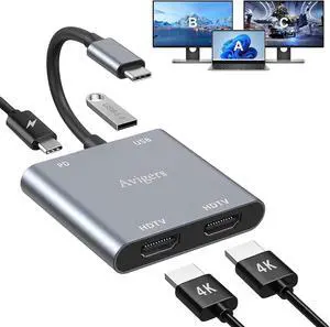 (4 in 1) USB C to Dual Hdmi Adapter for 2 monitors 100W PD USB 3.0 (MST is not Support on MacOS MacOS Allows Monitor Display 2 Separate Screens Windows Allows Monitor Display 3 Separate Screens)