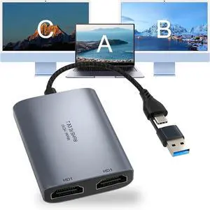 USB C to Dual HDMI Adapter 1080P 60Hz Multi-Monitor Splitter for MacBook/PC/Laptop - USB-A/USB-C to 2 HDMI Ports Aluminum Docking Station Audio Sync Windows/macOS Software Control