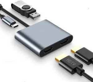 USB C to Dual HDMI Adapter 4K@60Hz USB C Hub Multiport Adapter with 100W PD USB-A Support C to 2 HD Splitter Extended Display for Type C Devices (MST is not Supported on MacOS)