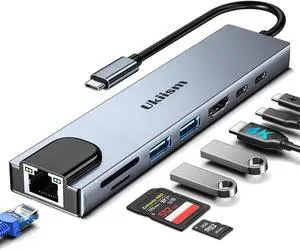 USB C Hub Ethernet HDMI Adapter 8 in 1 Docking Station with 4K HDMI RJ45 Ethernet SD/TF Card Reader USB 3.0/2.0 PD 100W LAN USB-C Dongle for MacBook Pro/Air iPad Pro XPS etc