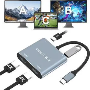 USB C to Dual HDMI Adapter 4 in 1 USB C Hub Multiport AdapterSupports 4K@60Hz and Dual 4K@30Hz for MacBook/Yoga/Thinkpad XPS and More [macOS only Support SST Mode]