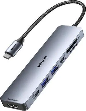 7-in-1 USB C Hub with HDMI(4K@60Hz) 2 USB-A 1 USB-C Data 100W Charge SD/TF Card Reader Silicone Tangle-Free Cable Compatible with MacBook Pro/Air iPad Pro iMac iPhone 15 Pro/Pro Max