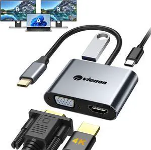 VIENON USB C to HDMI VGA Adapter for Dual Monitor 4 in 1 USB C Hub with 4K HDMI 1080P VGA USB 3.0 5Gbps 100W PD Compatible for MacBook Air/Pro  XPS Surface iMac More