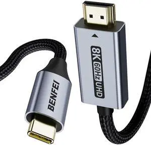 USB C to HDMI 2.1 Cable (8K@60Hz 4K@240Hz 6ft Aluminum Shell Nylon Braided) Compatible with iPhone 15/16 Pro/Max MacBook Pro/Air 2023 iPad Pro Surface Book 2 More