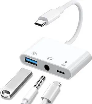 Aux to USB C to USB Adapter 3-in-1 USB OTG Adapter with USB C to 3.5mm Audio Adapter and 60W PD Fast Charging Port Compatible with iPhone 15/16 iPad Pro MacBook  Galaxy S23 and More