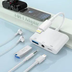 3-in-1 Lightning to 3.5mm Jack Headphone+Charge+Camera Adapter  MFi Certified USB to iPhone OTG Audio Aux Adapter Connect Flash Drive/Card Reader/Mouse/Keyboard/Earphone for iPhone 14 13 12 11