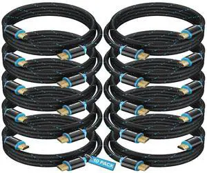 HDMI Cable 4K Ultra HD 3 Foot (10 Pack) Nylon Braided HDMI 2.0 Cable High Speed 18Gbps 4K60Hz HDR 3D 2160p 1080p HDCP 2.2 ARC HDMI Cables for Monitors HDTV