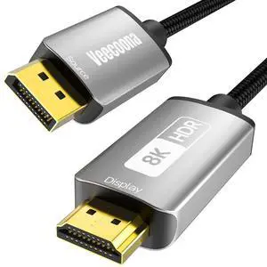 DisplayPort 1.4 to HDMI 2.1 Cable - 10FT with 8K@60Hz 4K@120Hz 2K@144Hz Nylon Braided Unidirectional DP (Source) to HDMI (Display) Supports HDCP 2.3 HDR10 Display Port for AMD NVIDIA and PC