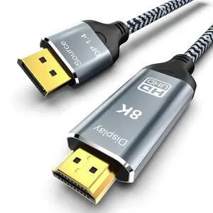 DisplayPort to HDMI 2.1 Cable 10FT 8K@60Hz 4K@120Hz Uni-Directional DP (Source) to HDMI (Display) Braided Cord Supports HDCP 2.3 HDR10 Display Port for AMD NVIDIA and PC