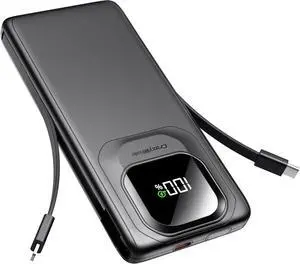 Portable Charger Power Bank with Built-in Cables 22.5W Fast Charging 10000mAh Phone Charger Travel Battery Pack Slim Battery Bank with Smart LED Display for iPhone Android & USB-C Devices (Black)