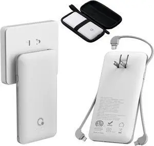 10000mAh Power Bank Slim Portable Charger 4 Output External Battery Pack with Built-in AC Wall Plug Micro USB C 3 Cables Compatible with iPhone  Android Phone Tablet and More