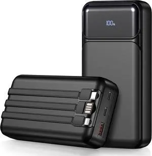Power-Bank-Portable-Charger 49800mAh Portable Phone Charger Power Bank with 3 Built-in Cable(USB-C iOS USB-A) 22.5W Fast Charging LED Display External Battery Pack for iPhone Android  etc