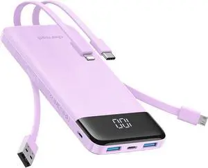 Portable Charger with Built in Cables 10000mAh Slim Power Bank 15W USB C in&Out Port High Speed Charging External Charger Battery Pack Compatible with iPhone 16 15 13  Google iPad