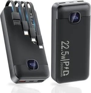 Portable Charger with 4 Built-in Cables 20000mAh Power Bank 22.5W PD Fast Charging with USB-C In/Out LED Display Battery Pack Slim Travel Essential Compatible with iPhone  Android iPad etc