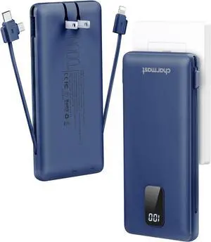 Charmast Portable Charger with Built-in Cables and Plug 10000mAh USB C Power Bank Fast Charging 15W External Battery Pack Slim Travel Essentials Compatible with 16 15 14 13  Galaxy iPad