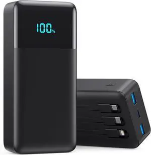 Portable Charger 50800mAh Power Bank with 3 Built in Cables 25W PD QC4.0 Fast Charging USB C Battery Pack 6 Outputs 2 Inputs LCD Display Portable Phone Charger for iPhone 16/15/14/13 Google Android