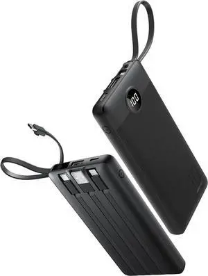 Portable Charger with Built in Cables Slim 10000mAh Power Bank with USB C External Battery Pack 5 Outputs 2 Inputs LED Display Compatible with iPhone/Android & More (Black)
