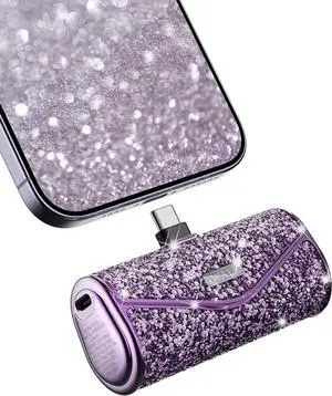 Upgraded Sparkly Portable Charger 22.5W 5000mAh Power Bank for iPhone 16/15 Series Mini Battery Pack with Built-in USB-C Connector Compatible with  S25/24 Series iPad Pro/Air AirPods