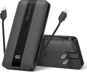 Portable Charger with Foldable AC Wall Plug Fast Charging 10500mAh 22.5W Power Bank with Built-in Cables 4 Outputs 3 Inputs LED Display Slim Battery Pack Compatible with iPhone/Android (Black)