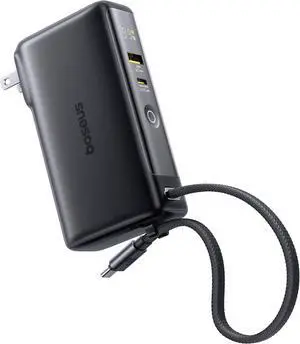 Nomos Power Bank 67W Foldable Wall Plug and 10 000mAh 35W Portable Charger 3-in-1 Travel Essentials Battery Pack Built-in USB-C Cable for iPhone 16 15 Series  MacBook Laptop