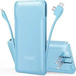 10000mAh Power Bank with Built-in AC Wall Plug and Cables Ultra Slim Phone External Battery Pack Portable Charger Compatible with iPhone and Android Devices