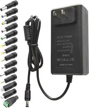 12V 5A Power Supply DC Adapter AC 100-240V to DC 12Volt 5Amp 4A 3.5A 3A 2A 1.5A 1A Voltage Converter AC Adapter with 5.5x2.5mm DC Jack and 14 Tips (5A 60W) for LED Strip Lights