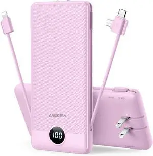 Portable Charger for iPhone Built in Cables and Wall Plug 10000mah Slim Fast Charging USB C Power Bank Travel Essential Battery Pack Compatible with iPhones iPad  More Devices(Purple)