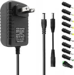 DC 9V 2A Power Supply AC Adapter 9 Volt 2 Amp Power Adapter Transformer Cord100-240V 50-60Hz AC to DC Converter with 10 Tips & 5.5mm x 2.1mm Reverse Polarity Converter Cable